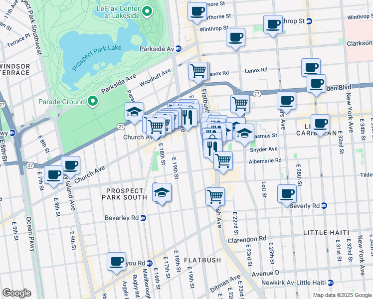 map of restaurants, bars, coffee shops, grocery stores, and more near 580 Ocean Avenue in Brooklyn