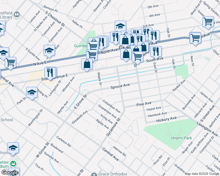 map of restaurants, bars, coffee shops, grocery stores, and more near 519 Spruce Avenue in Garwood