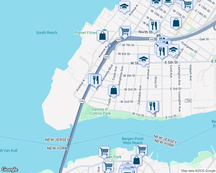 map of restaurants, bars, coffee shops, grocery stores, and more near 53 Trask Avenue in Bayonne