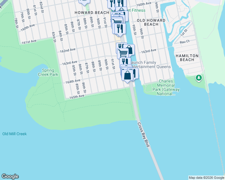 map of restaurants, bars, coffee shops, grocery stores, and more near 89-15 165th Avenue in Queens