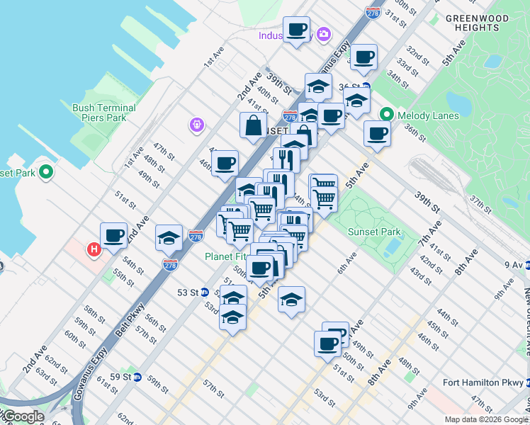 map of restaurants, bars, coffee shops, grocery stores, and more near 402 46th Street in Brooklyn