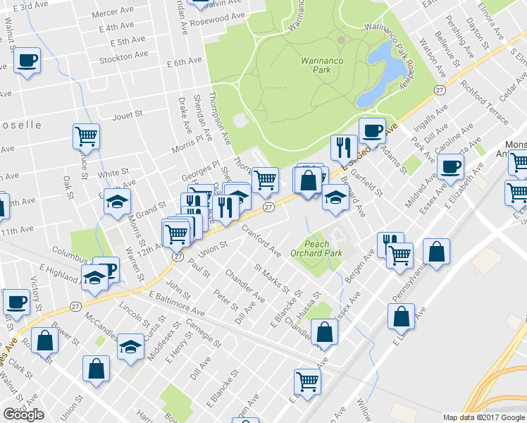 map of restaurants, bars, coffee shops, grocery stores, and more near 1440 East Saint Georges Avenue in Linden