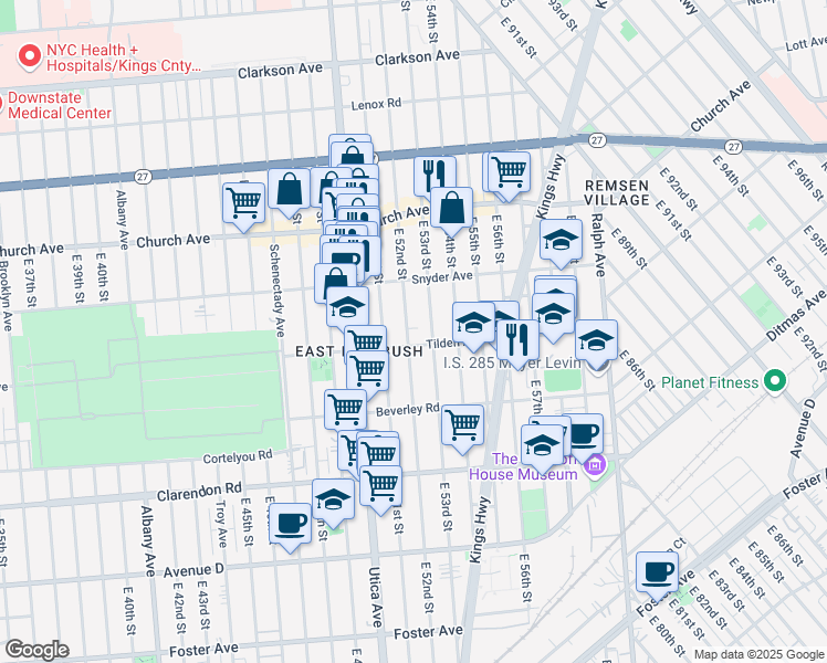 map of restaurants, bars, coffee shops, grocery stores, and more near 489 East 52nd Street in Brooklyn