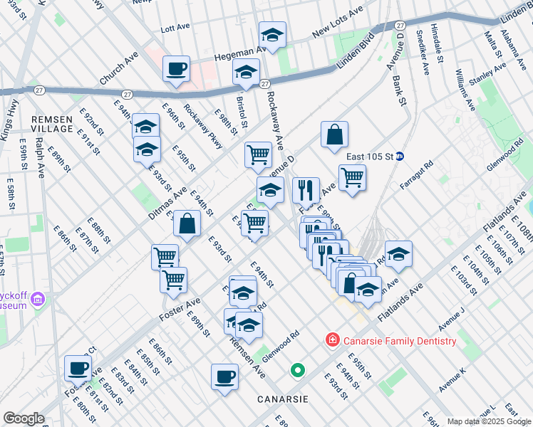 map of restaurants, bars, coffee shops, grocery stores, and more near 845 East 96th Street in Brooklyn