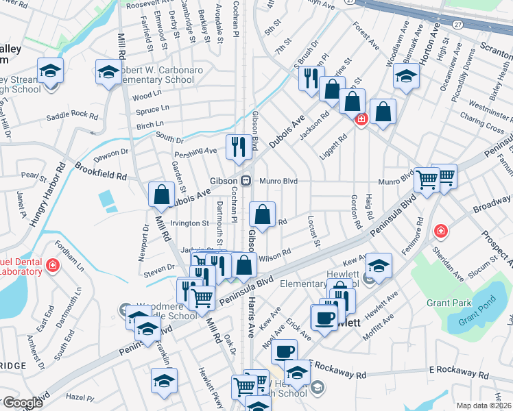 map of restaurants, bars, coffee shops, grocery stores, and more near 155 Gibson Boulevard in Valley Stream
