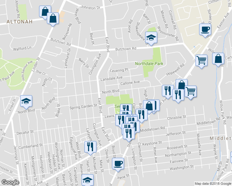 map of restaurants, bars, coffee shops, grocery stores, and more near 1544 North Boulevard in Bethlehem