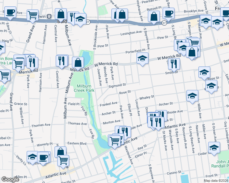 map of restaurants, bars, coffee shops, grocery stores, and more near 344 Rose Street in Freeport