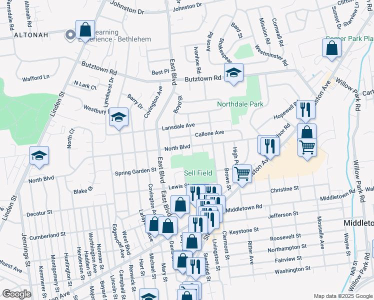 map of restaurants, bars, coffee shops, grocery stores, and more near 1544 North Boulevard in Bethlehem