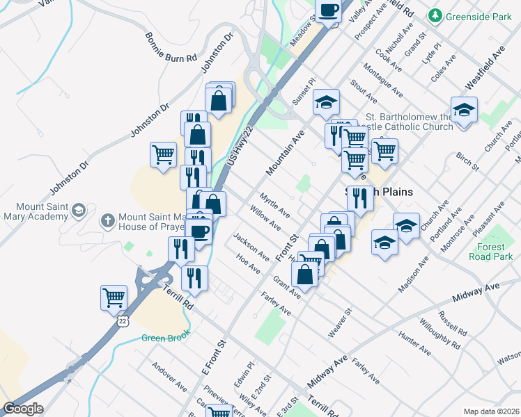 map of restaurants, bars, coffee shops, grocery stores, and more near 317 Willow Avenue in Scotch Plains
