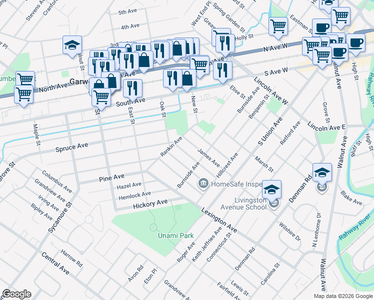 map of restaurants, bars, coffee shops, grocery stores, and more near 118 Besler Avenue in Cranford
