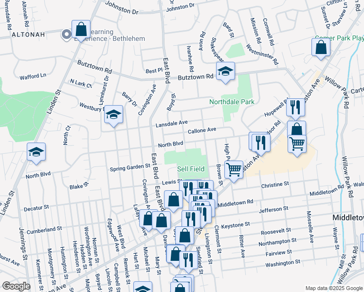 map of restaurants, bars, coffee shops, grocery stores, and more near 1550 North Boulevard in Bethlehem
