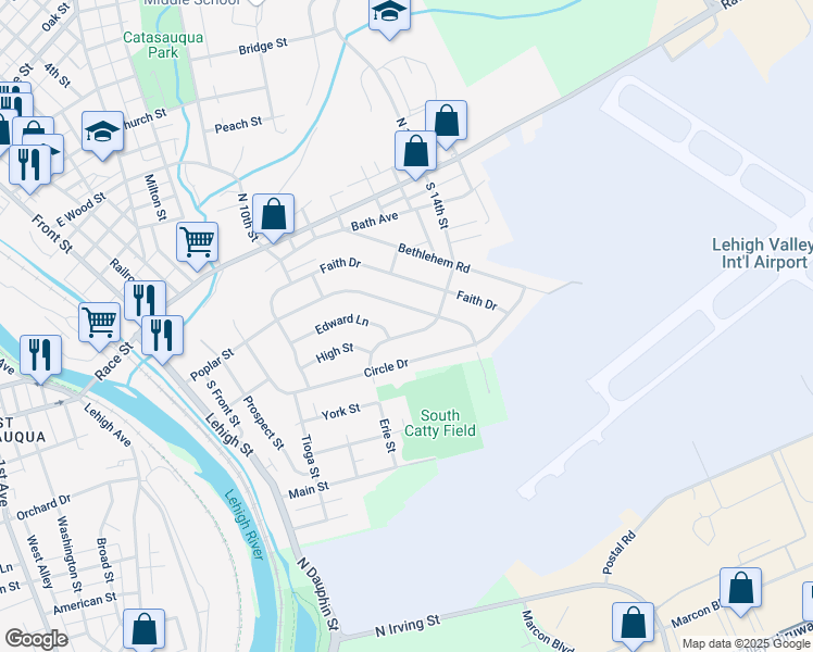 map of restaurants, bars, coffee shops, grocery stores, and more near 615 South 14th Street in Catasauqua