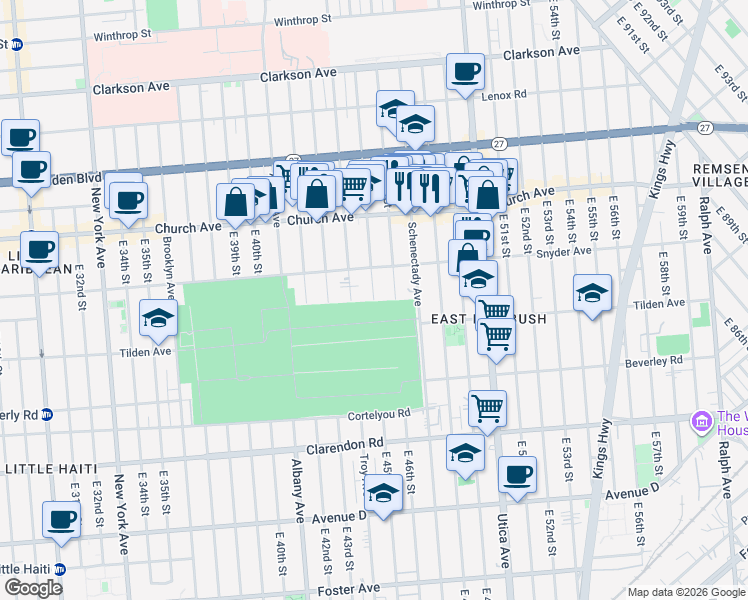 map of restaurants, bars, coffee shops, grocery stores, and more near East 45th Street in Brooklyn