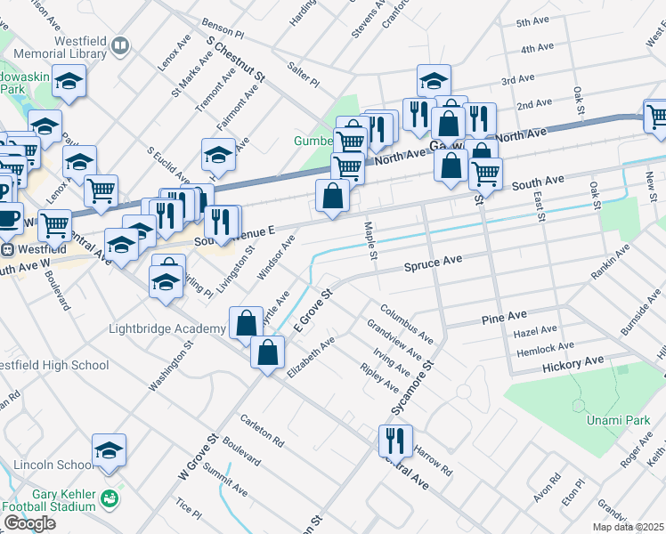 map of restaurants, bars, coffee shops, grocery stores, and more near 314 Myrtle Avenue in Westfield