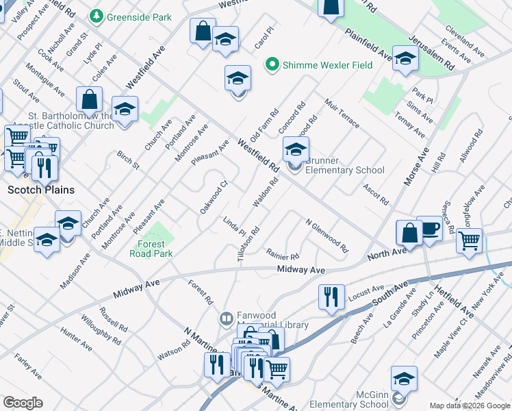 map of restaurants, bars, coffee shops, grocery stores, and more near 31 Waldon Road in Fanwood