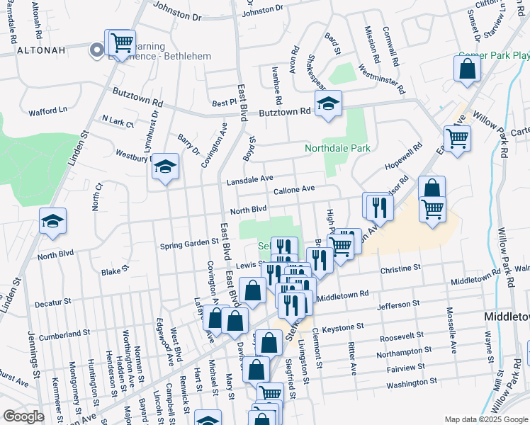 map of restaurants, bars, coffee shops, grocery stores, and more near 1550 North Boulevard in Bethlehem