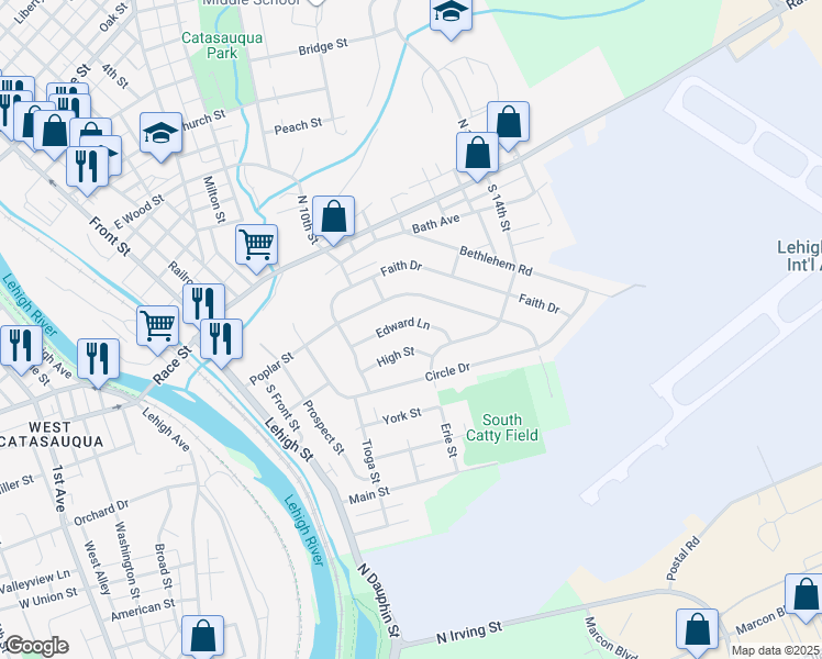map of restaurants, bars, coffee shops, grocery stores, and more near 304 High Street in Catasauqua