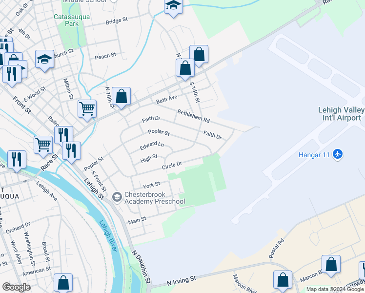 map of restaurants, bars, coffee shops, grocery stores, and more near 616 South 14th Street in Catasauqua
