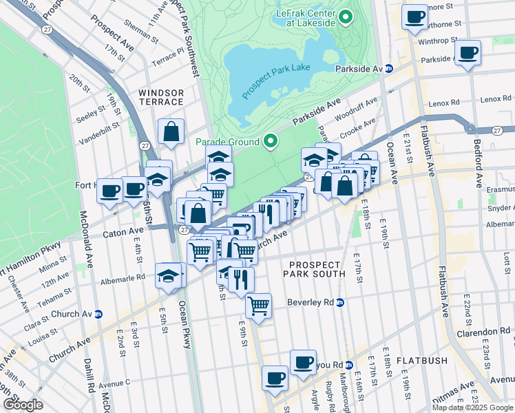 map of restaurants, bars, coffee shops, grocery stores, and more near 3 East 11th Street in Brooklyn