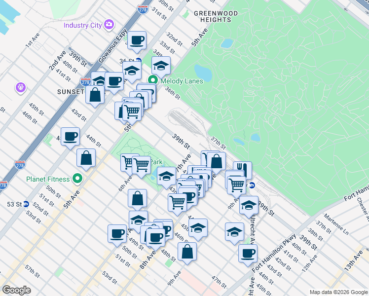 map of restaurants, bars, coffee shops, grocery stores, and more near 666 39th Street in Brooklyn
