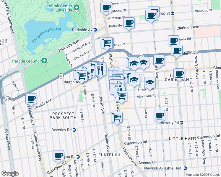 map of restaurants, bars, coffee shops, grocery stores, and more near 2111 Albemarle Terrace in Brooklyn