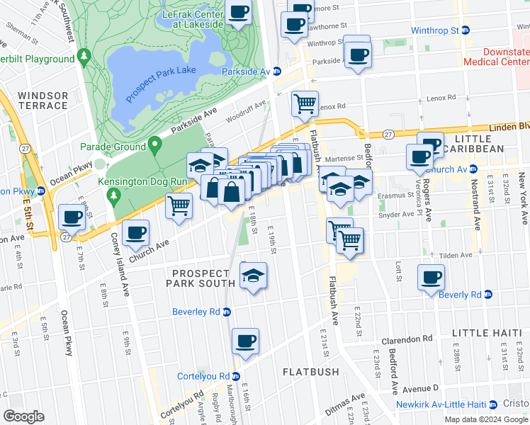 map of restaurants, bars, coffee shops, grocery stores, and more near 14 Tennis Court in Brooklyn