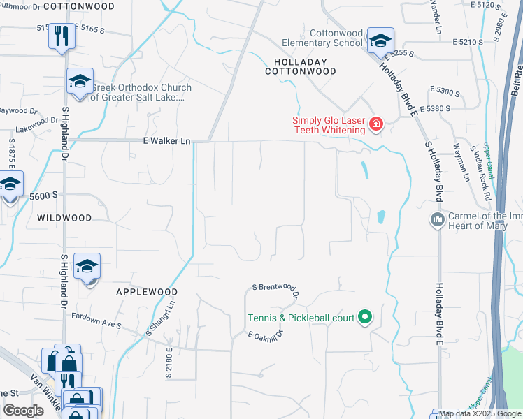 map of restaurants, bars, coffee shops, grocery stores, and more near 2316 Walker Lane South in Holladay