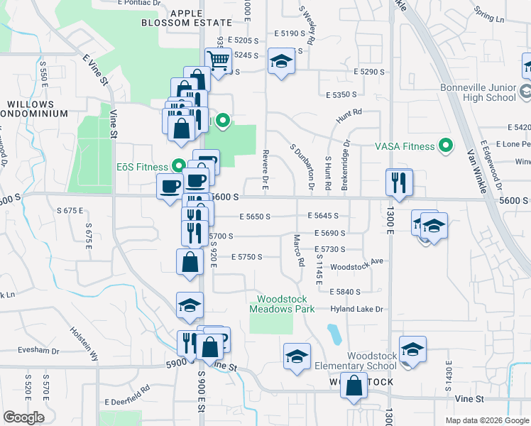 map of restaurants, bars, coffee shops, grocery stores, and more near 1006 East 5650 South in Murray