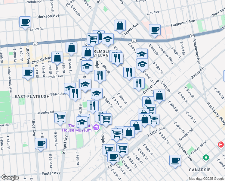 map of restaurants, bars, coffee shops, grocery stores, and more near 8709 Avenue B in Brooklyn