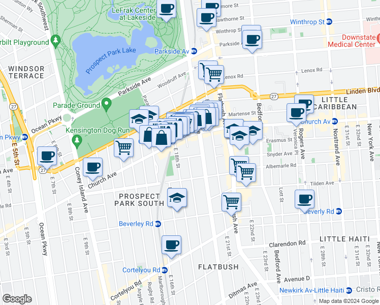 map of restaurants, bars, coffee shops, grocery stores, and more near 14 Tennis Court in Brooklyn