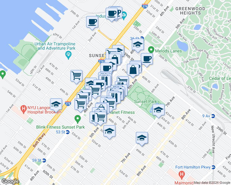 map of restaurants, bars, coffee shops, grocery stores, and more near 446 45th Street in Brooklyn
