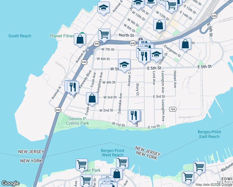 map of restaurants, bars, coffee shops, grocery stores, and more near 82-84 Zabriskie Avenue in Bayonne