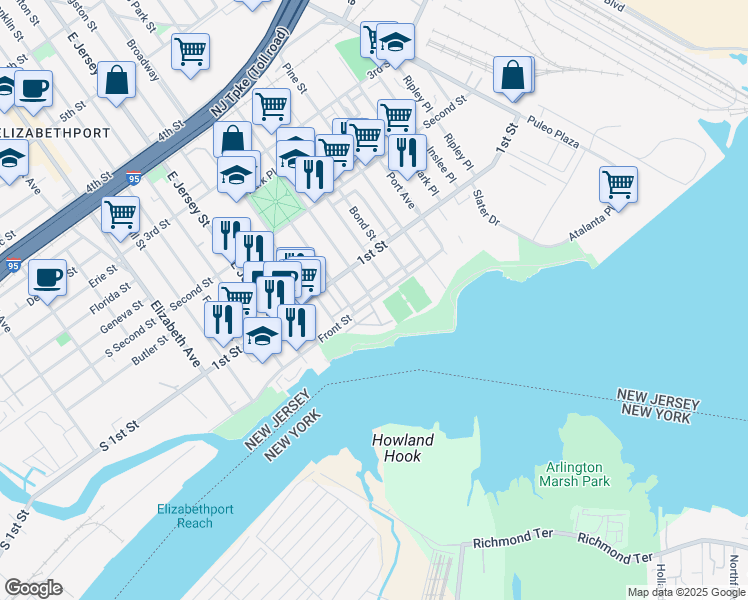 map of restaurants, bars, coffee shops, grocery stores, and more near 17 Harbor Front Plaza in Elizabeth