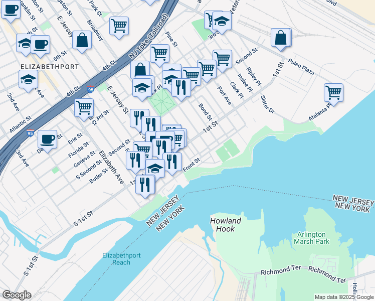 map of restaurants, bars, coffee shops, grocery stores, and more near 77 Broadway in Elizabeth