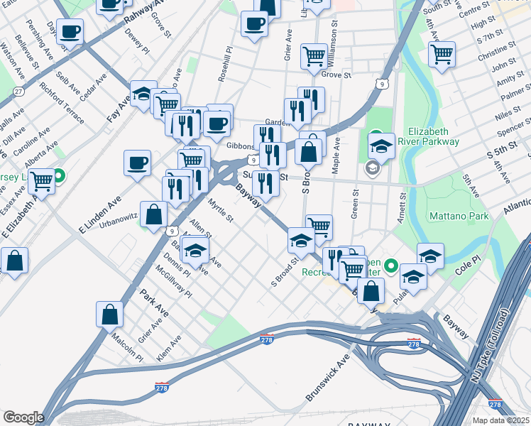 map of restaurants, bars, coffee shops, grocery stores, and more near 762 Bayway Avenue in Elizabeth