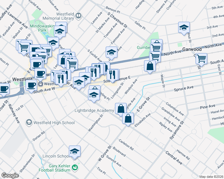 map of restaurants, bars, coffee shops, grocery stores, and more near 305 Livingston Street in Westfield
