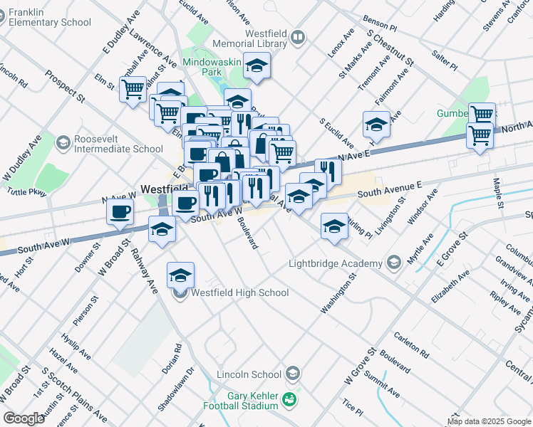 map of restaurants, bars, coffee shops, grocery stores, and more near 220 Ross Place in Westfield