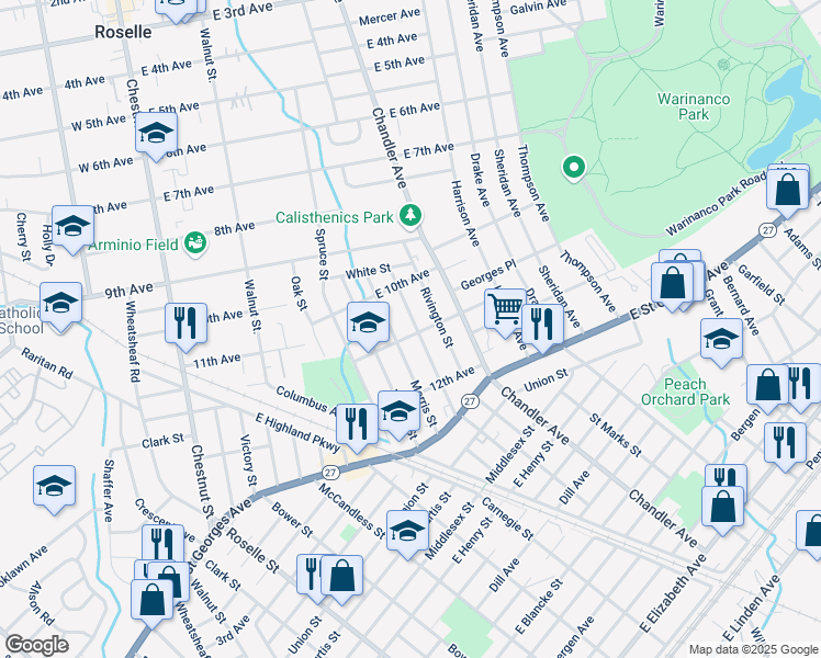 map of restaurants, bars, coffee shops, grocery stores, and more near 1100 Frank Street in Roselle