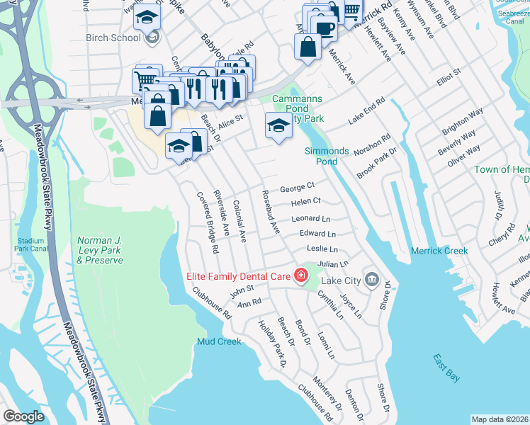 map of restaurants, bars, coffee shops, grocery stores, and more near 1859 Leonard Lane in Merrick
