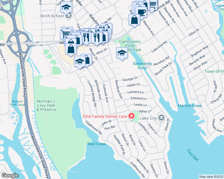 map of restaurants, bars, coffee shops, grocery stores, and more near in Merrick