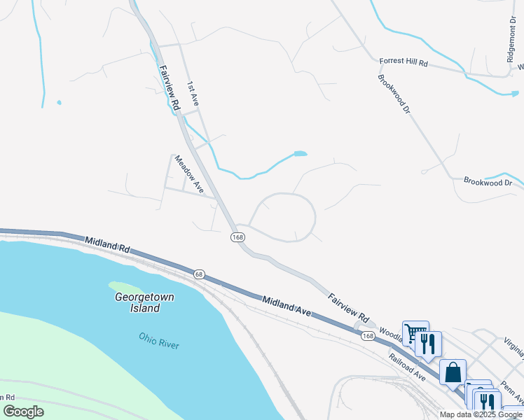 map of restaurants, bars, coffee shops, grocery stores, and more near 54-66 Midland Heights Circle in Midland