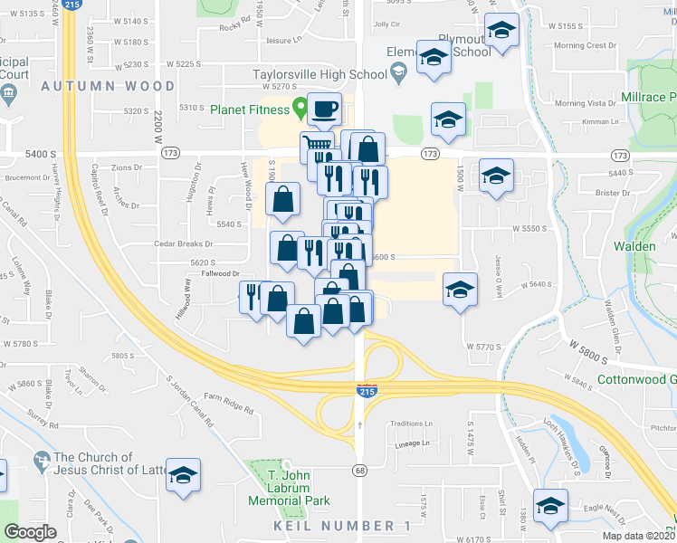 map of restaurants, bars, coffee shops, grocery stores, and more near 5656 South Redwood Road in Taylorsville