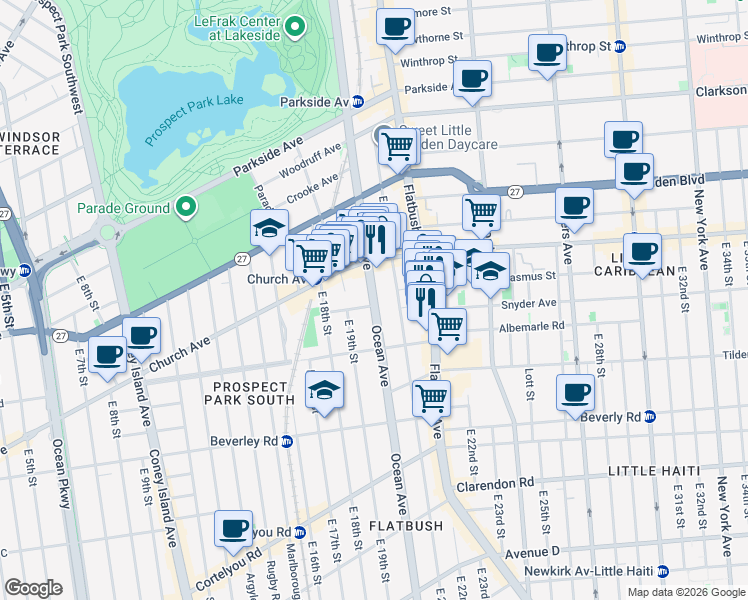 map of restaurants, bars, coffee shops, grocery stores, and more near 575 Ocean Avenue in Brooklyn