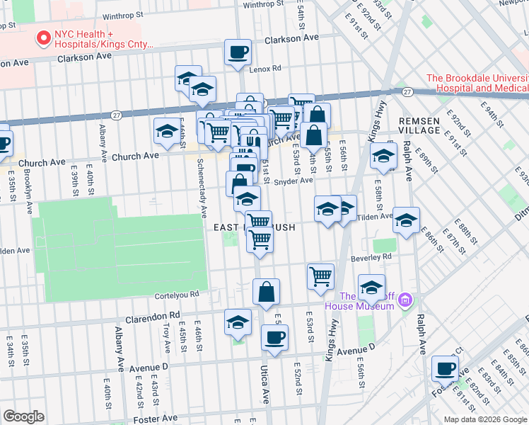 map of restaurants, bars, coffee shops, grocery stores, and more near 5101 Tilden Avenue in Brooklyn