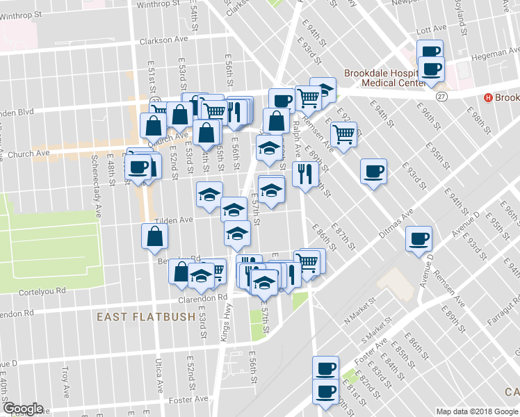 map of restaurants, bars, coffee shops, grocery stores, and more near 5703 Tilden Avenue in Brooklyn