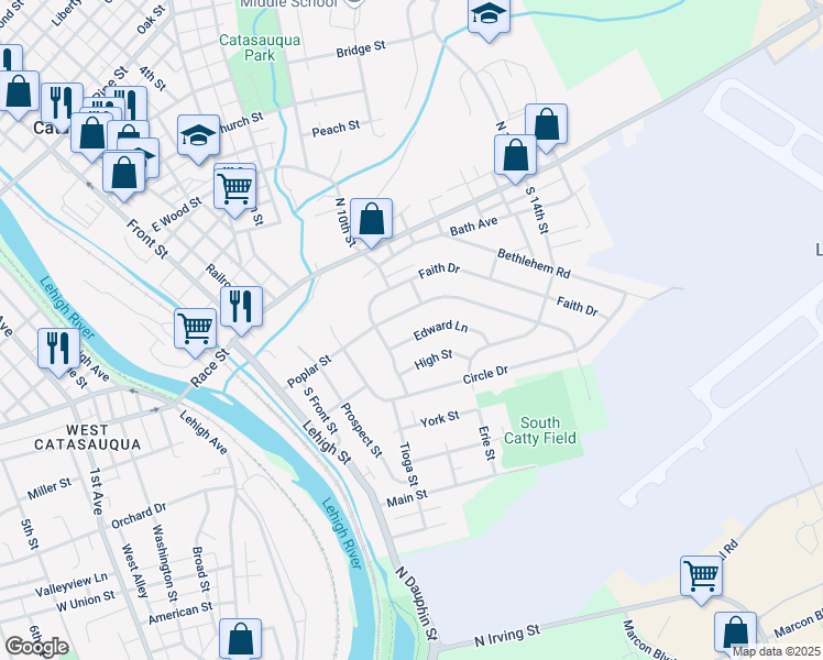 map of restaurants, bars, coffee shops, grocery stores, and more near 254 Edward Lane in Catasauqua
