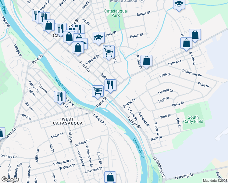 map of restaurants, bars, coffee shops, grocery stores, and more near 101 Race Street in Catasauqua