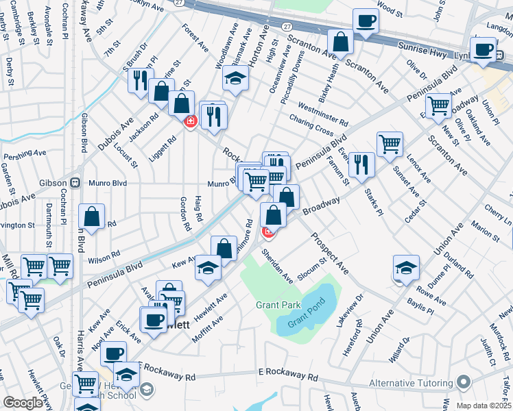 map of restaurants, bars, coffee shops, grocery stores, and more near 1709 Fenimore Road in Hewlett