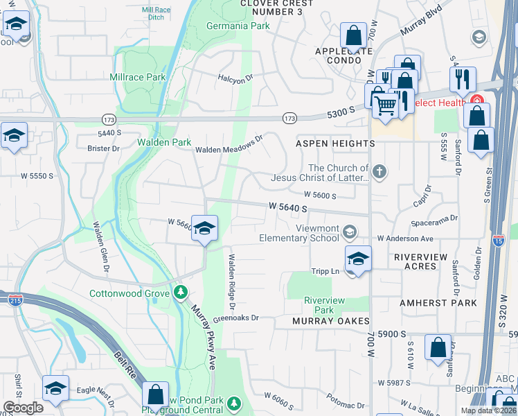map of restaurants, bars, coffee shops, grocery stores, and more near 909 West Bullion Street in Murray