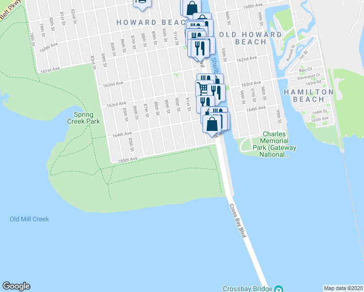 map of restaurants, bars, coffee shops, grocery stores, and more near 89-15 165th Avenue in Queens